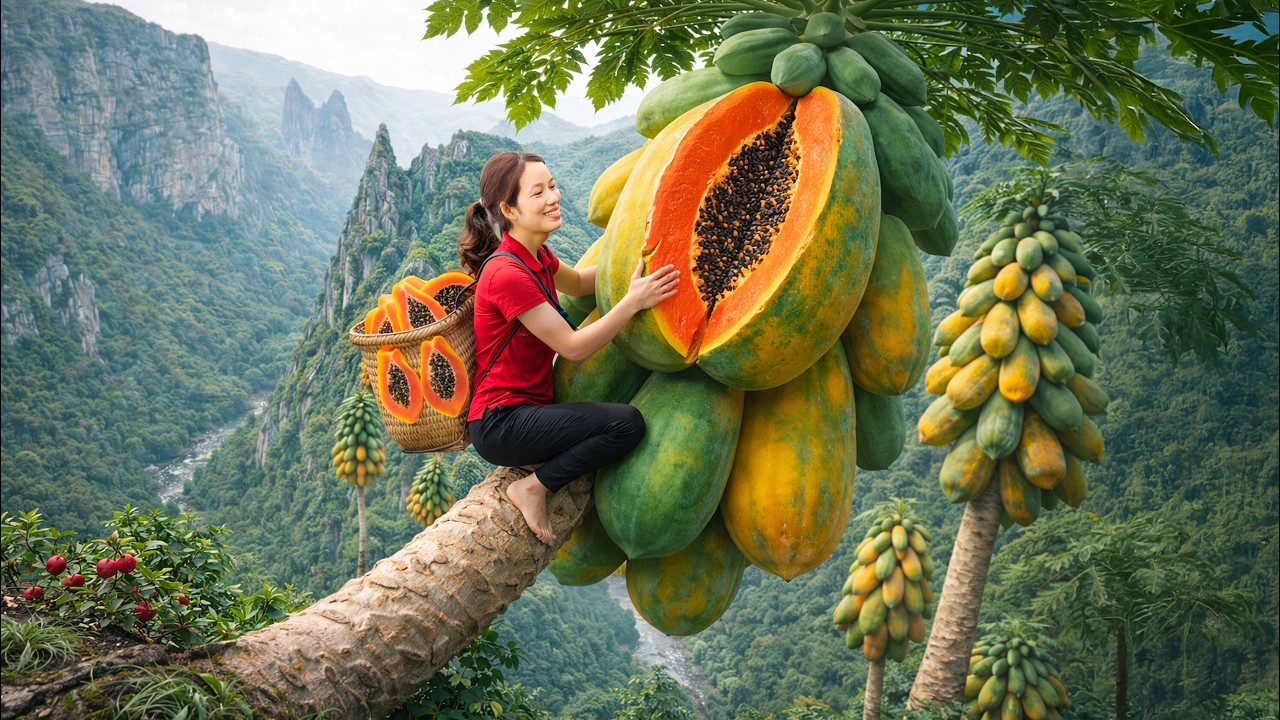 Harvesting Giant Wild Papayas on a Knife-Edge Cliff | Sold Out at the Village Market!