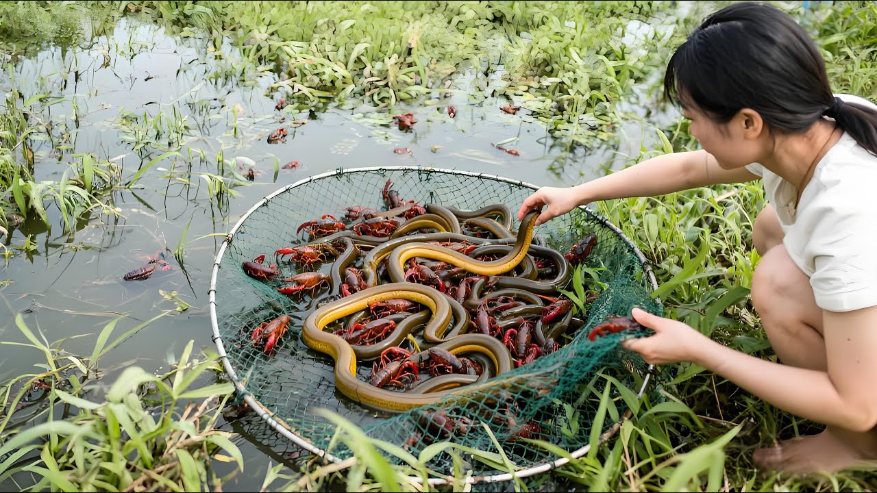 美女包下130亩鱼塘钓场，塘主免费让抓黄鳝，这下不发财了~#农村抓鱼#户外#vlog