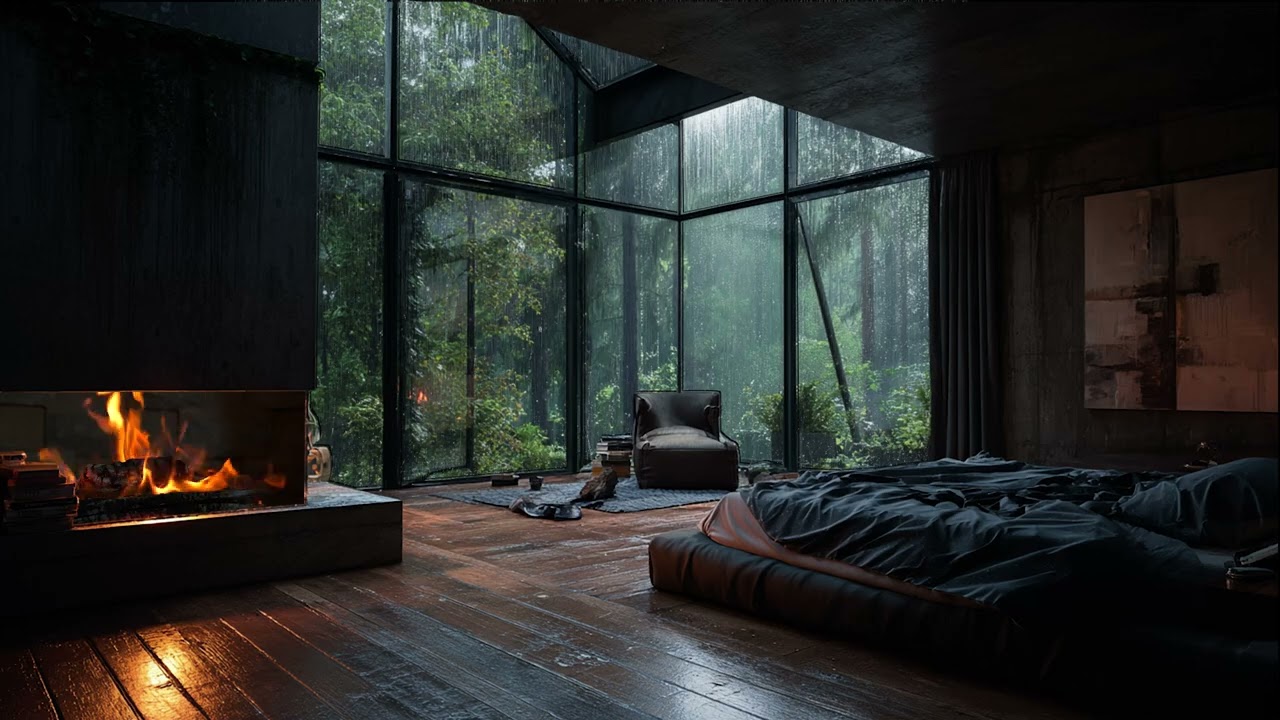 A Glass-Walled Forest Cabin in Rain | Firelit Bedroom, Deep Green Silence & Night Immersion