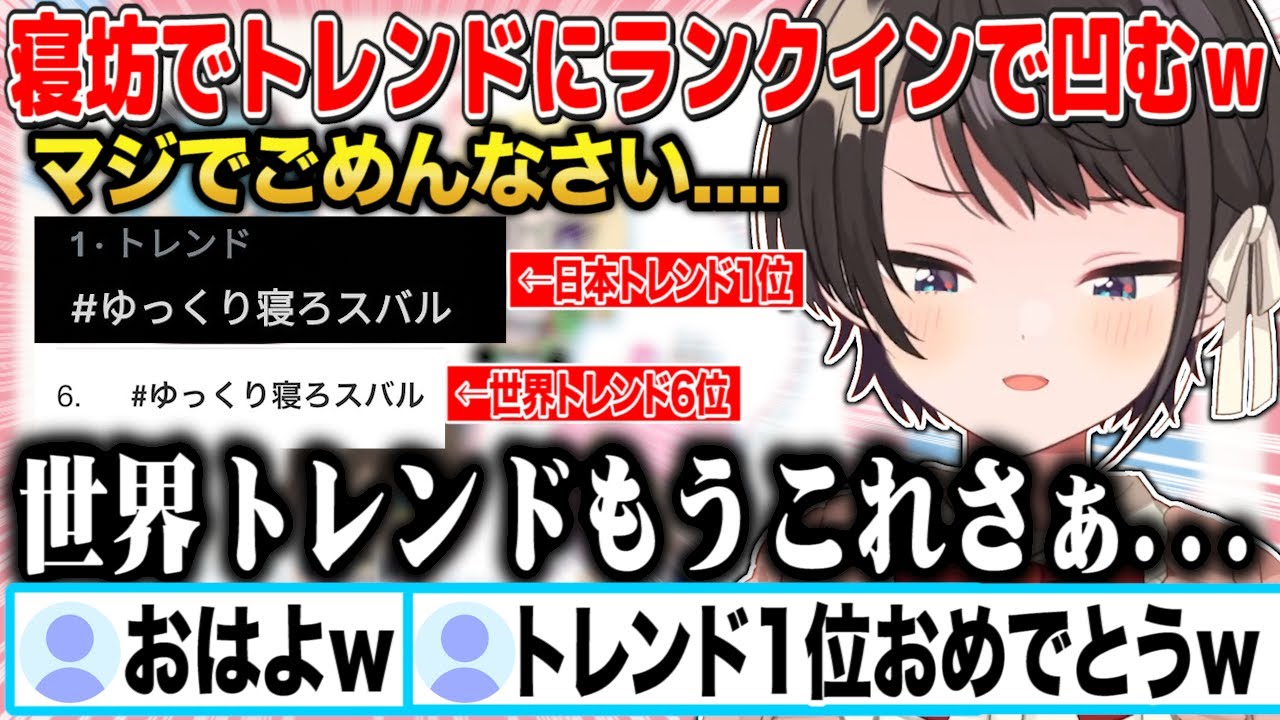 恐れていた大寝坊で「＃ゆっくり寝ろスバル」がトレンド1位と取ってしまいガチ凹みする大空スバルｗ【切り抜き/ホロライブ】