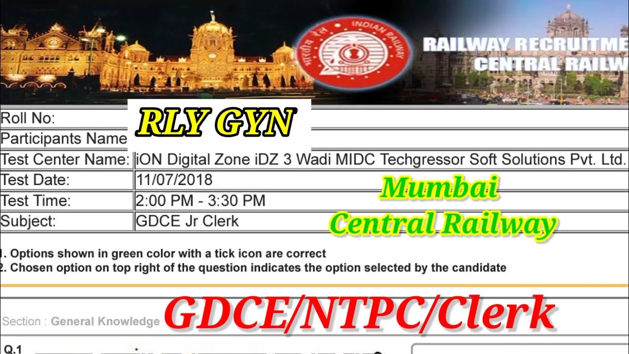Gdce exam paper Central Railway // Ntpc gk gs computer Question  Mumbai Division @RLYGYN