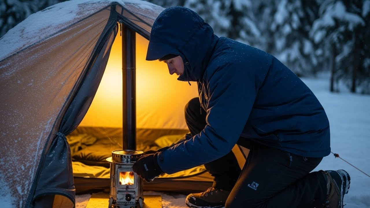 -20°C Solo Winter Camping: Titanium Stove & Heavy Snowfall