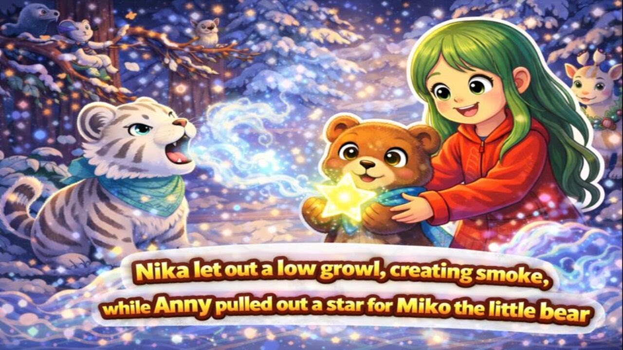 Nika let out a low growl, creating smoke, while Anny pulled out a star for Miko the little bear 🌟🐯