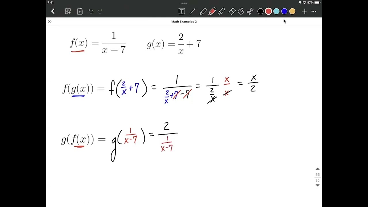 Composition of functions with two rational functions (fractions) then simplify completely