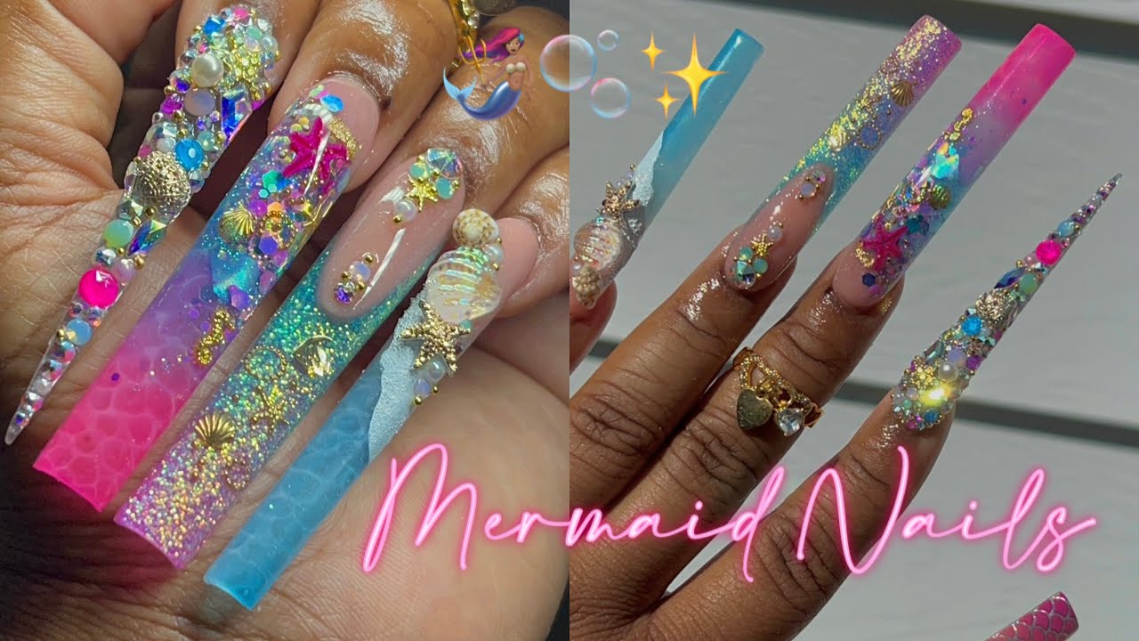 MERMAID NAILS 🧜🏽‍♀️🌊🐚✨ | HOW TO WATER DESIGN 🫧 |  FULL ACRYLIC NAIL TUTORIAL ✨