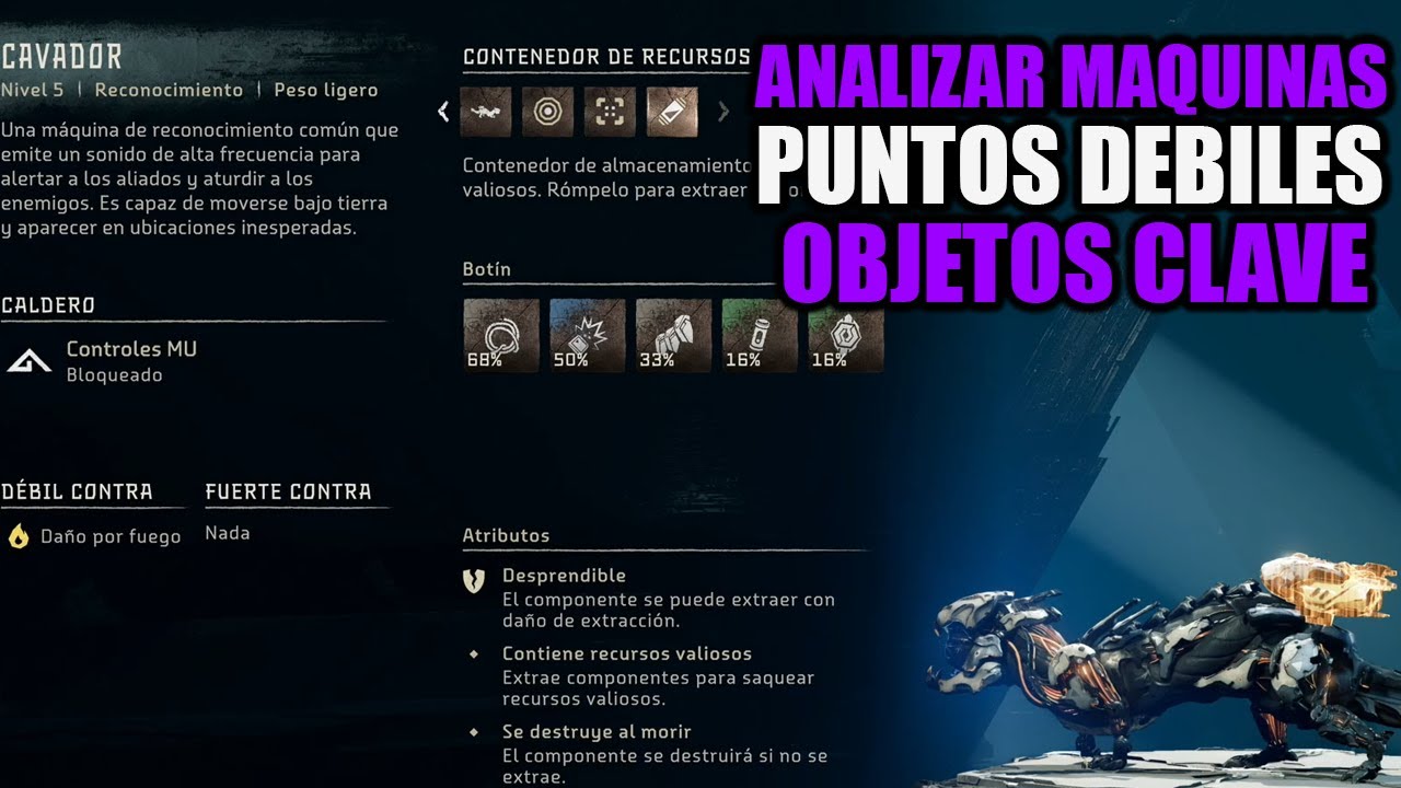HORIZON FORBIDDEN WEST - COMO ANALIZAR MAQUINAS - BUSCAR PUNTOS DEBILES Y DATOS CLAVES