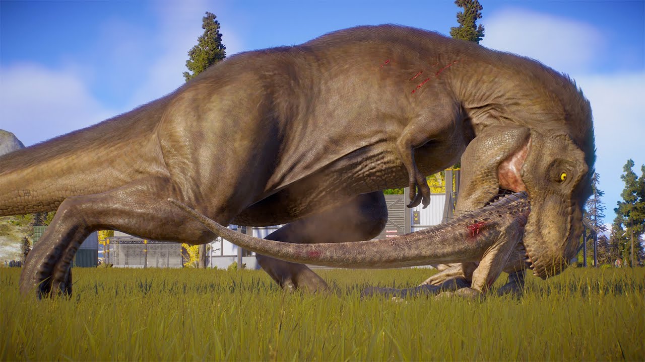 TYRANNOSAURUS REX vs LARGE & MEDIUM CARNIVORE DINOSAURS BATTLE - Jurassic World Evolution 2