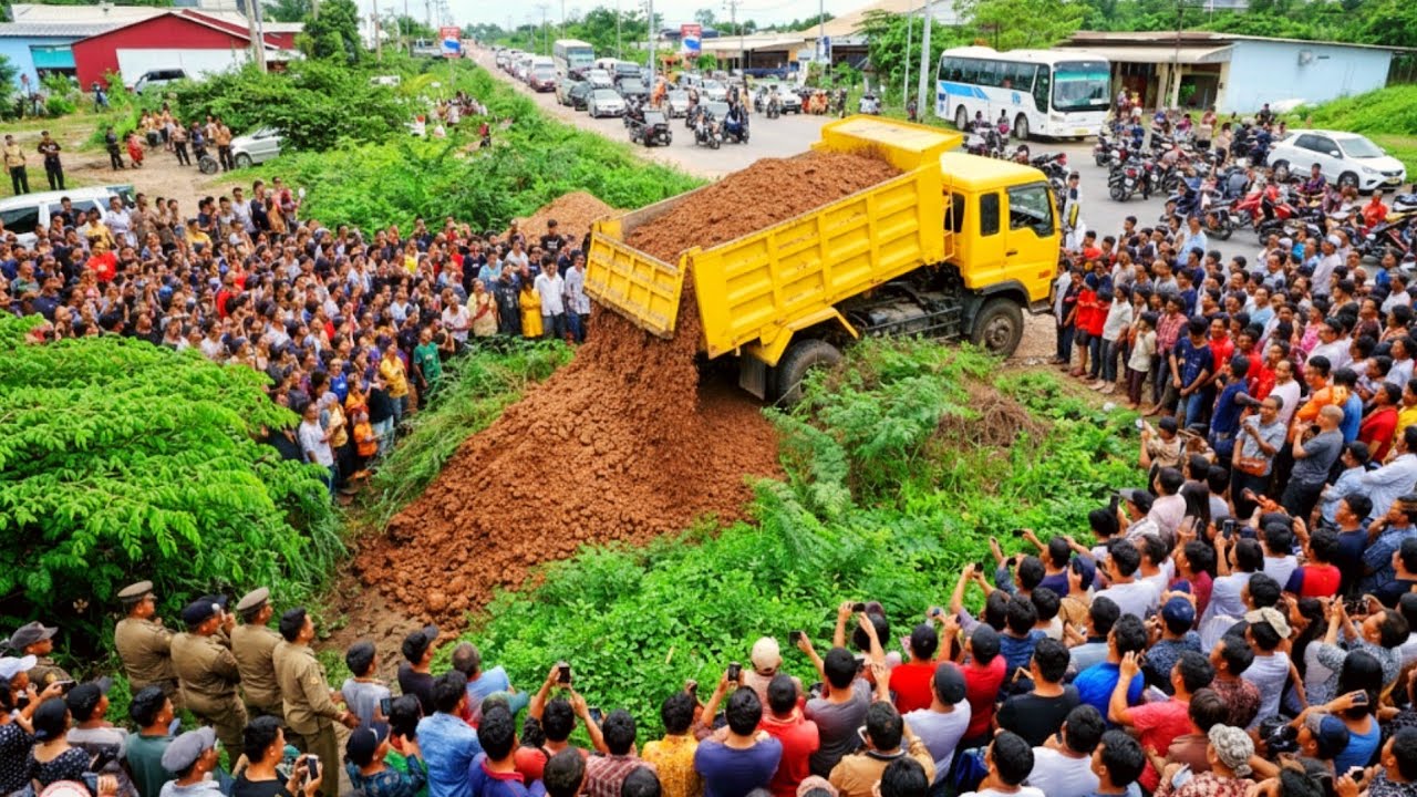 Amazing Start Complete A New PROJECT!! By Dump Truck 5-T Unloading Soil & Bulldozer KOMATSU Pushing