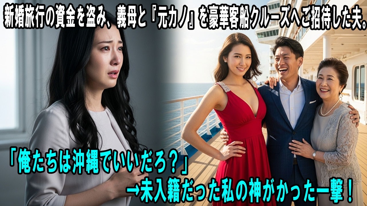新婚旅行の資金を盗み、義母と『元カノ』を豪華客船クルーズへご招待した夫。「俺たちは沖縄でいいだろ？」&rarr;未入籍だった私の神がかった一撃！