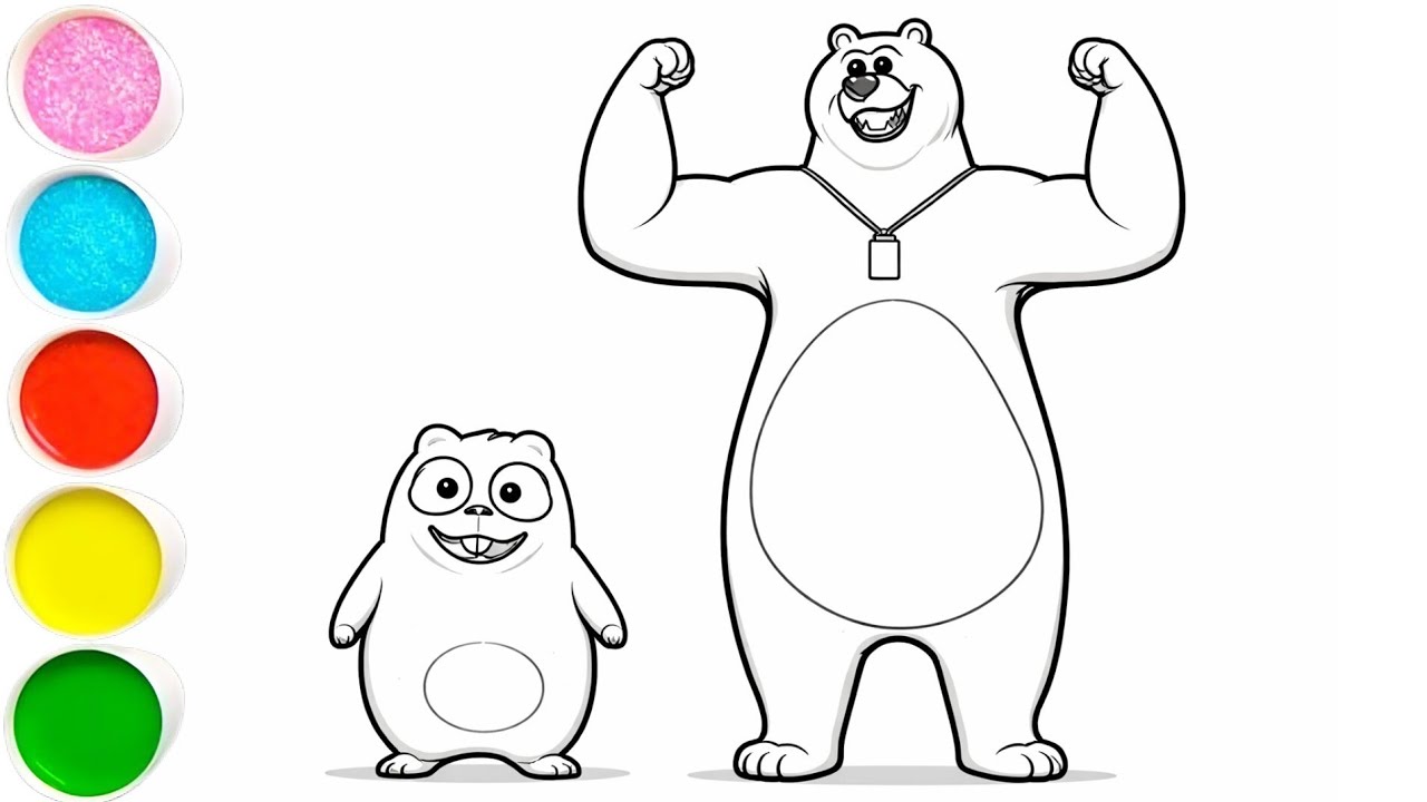 Cute grizzly and the lemmings drawing painting and colouring for kids and toddlers 