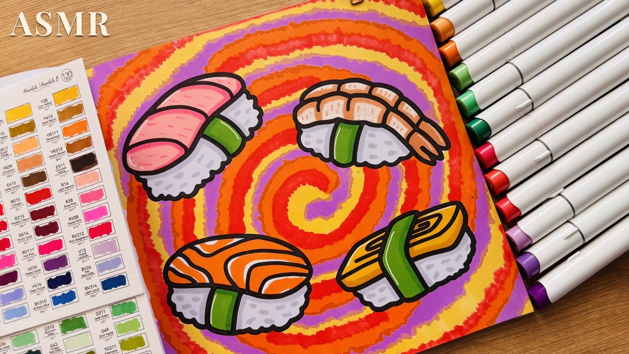 ASMR Coloring Sushi 🍣 | Relaxing Alcohol Marker Sounds | No Talking