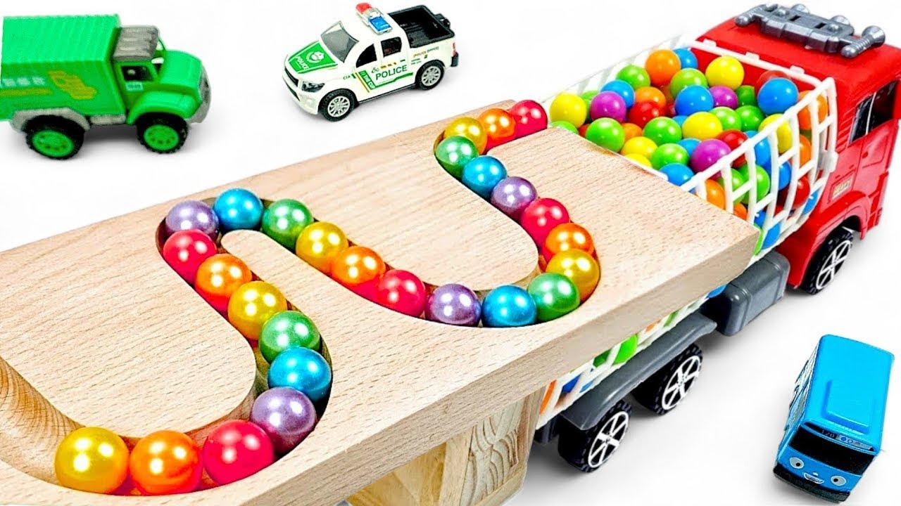 Marble Run Race ☆ HABA Slope &Retro Makita Truck, Excavator, Garbage Truck, Dump Truck,Ambulances#09