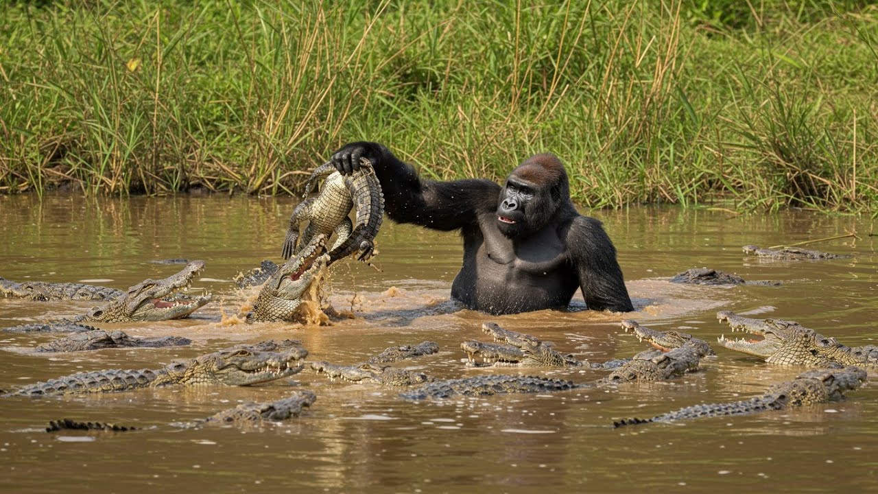 Gorilla at the Middle of River to Attack on a crocodile