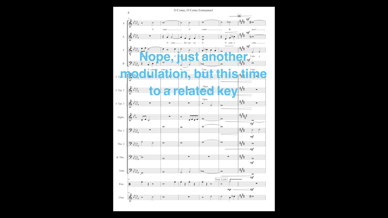 O Come Emmanuel (editorial notation on a scrolling score)