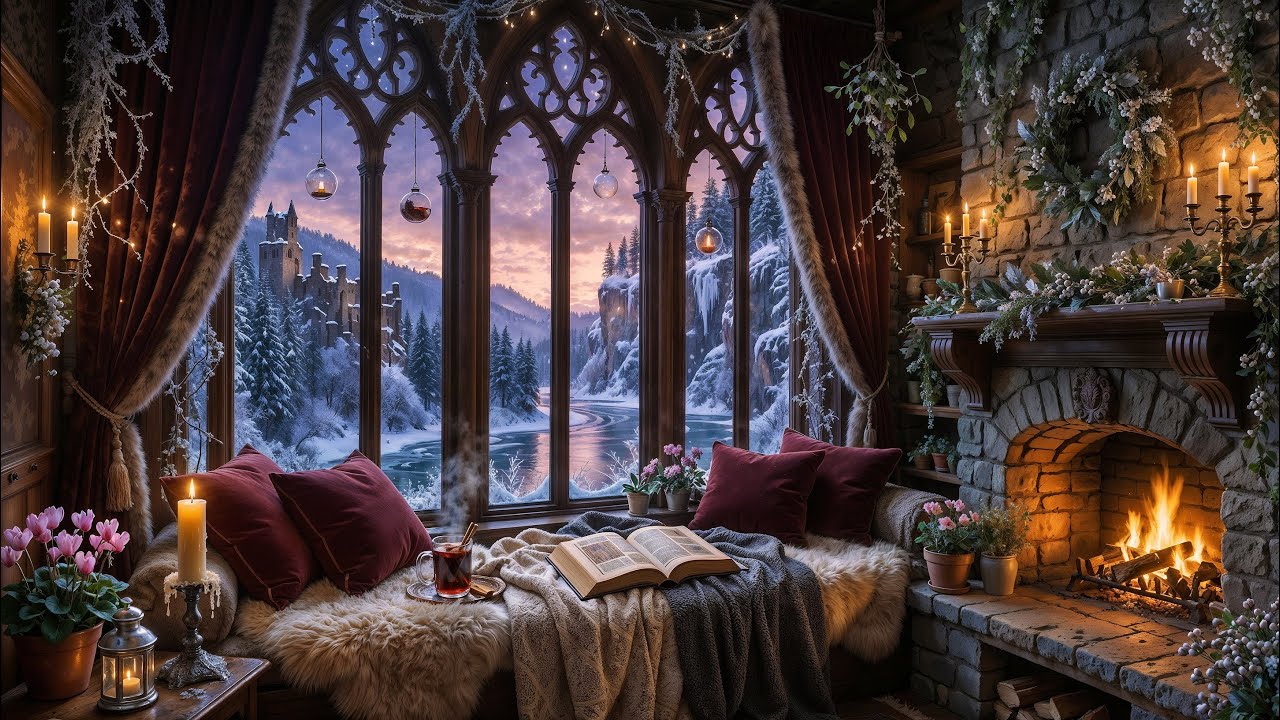 Enchanted Winter Gothic Castle Window ❄️🏰 Celtic Music & Fireplace Crackling for Deep Relax | 2K