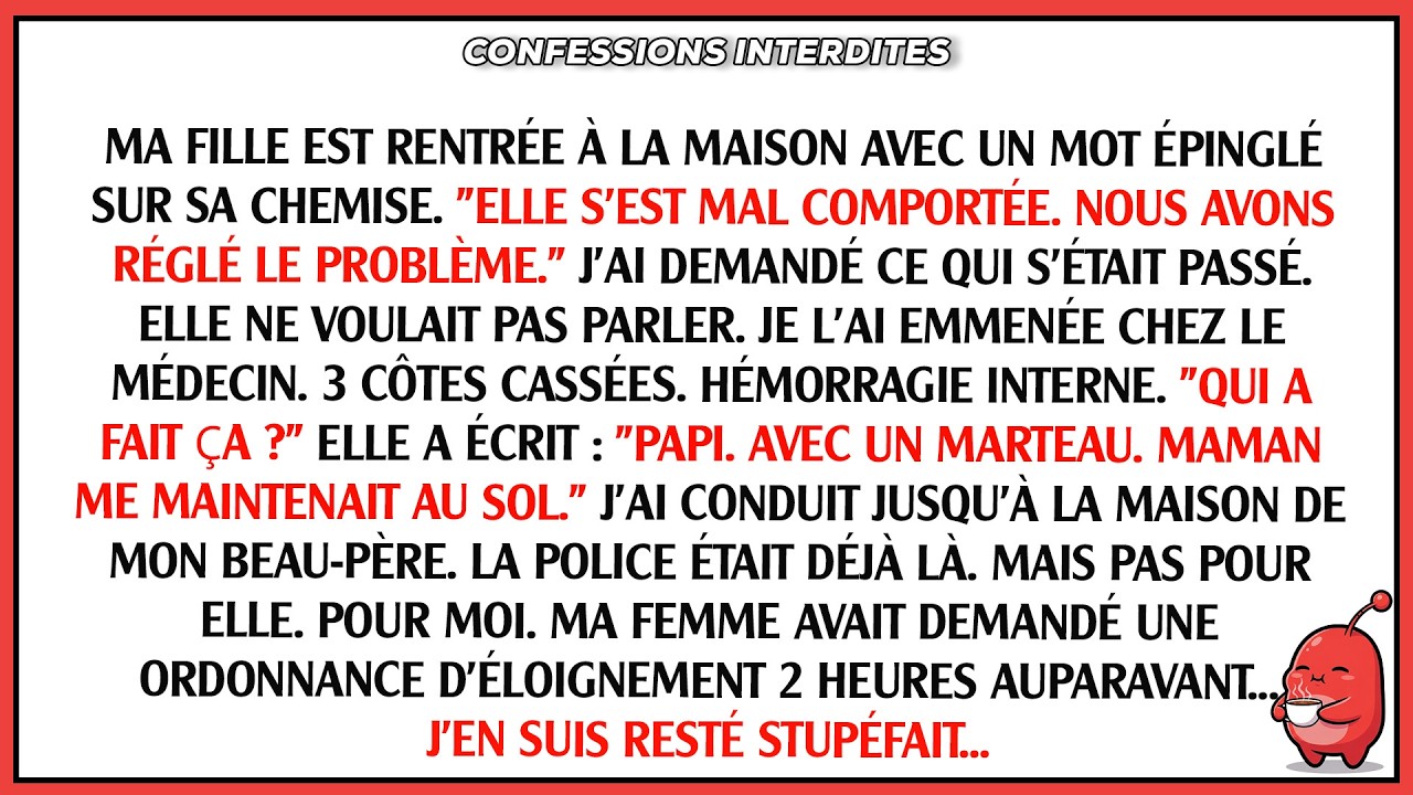 Un mot sur son t-shirt. 3 côtes cassées. Elle a écrit : « Papi. Marteau. »