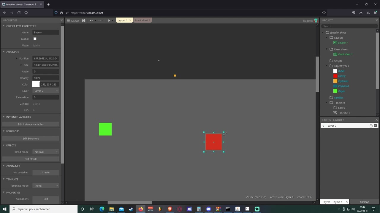 Construct 3 - Tutorial - Function bulletHit make only the bullet hit create explosion instead of all