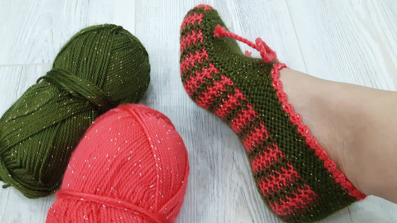 BORDÜRLÜ İki Şiş Dikişsiz Kolay Patik Örelim / Very Easy Knitting Crochet Slippers