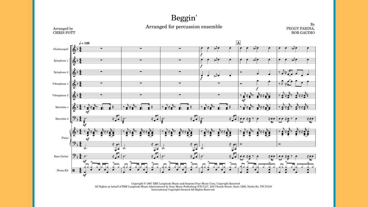 Beggin' - Frankie Valli and the Four Seasons | for Percussion Ensemble