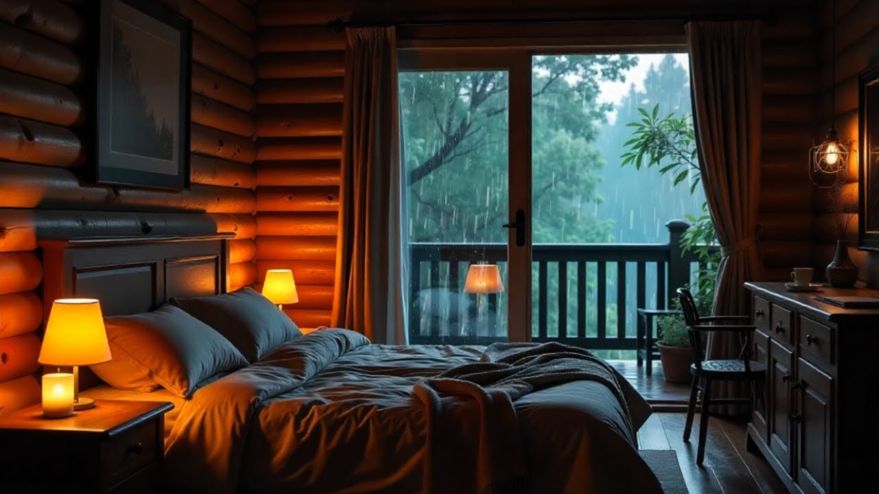 Cozy Cabin Bedroom in the Rain 🌧️ Heavy Rain Sounds for Sleeping & Relaxation. | No Ads