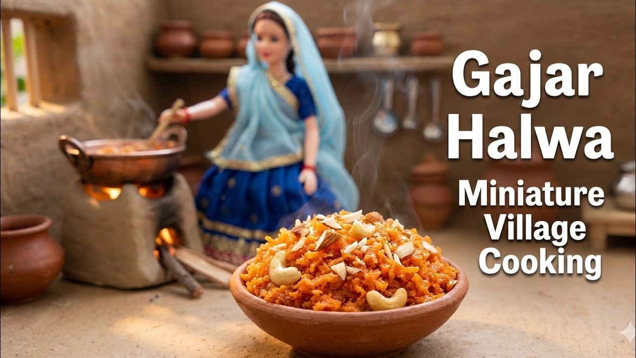 Miniature Doll Gajar Halwa Cooking ASMR | Indian Village Tiny Kitchen Sweet