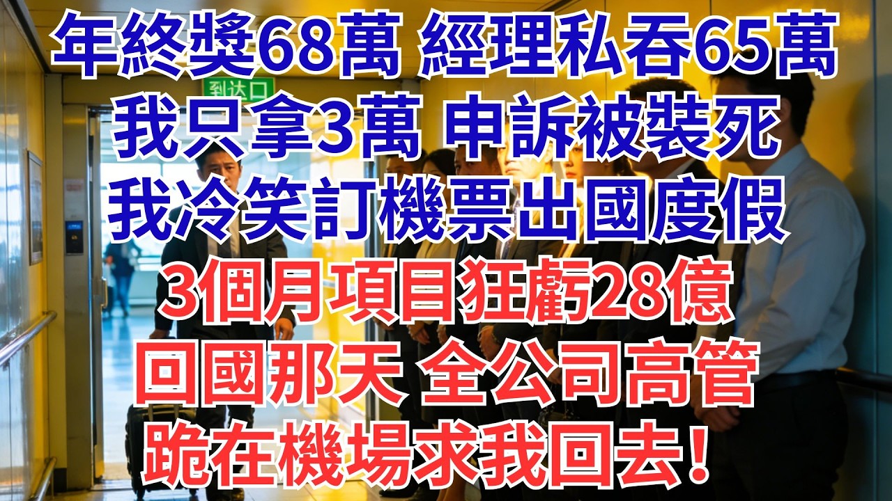 年終獎68萬，經理吞65萬只給我3萬！我一聲不響飛國外…3個月後公司虧28億，回國當天全高管跪在機場等我！#為人處世#生活經驗#職場#爽文