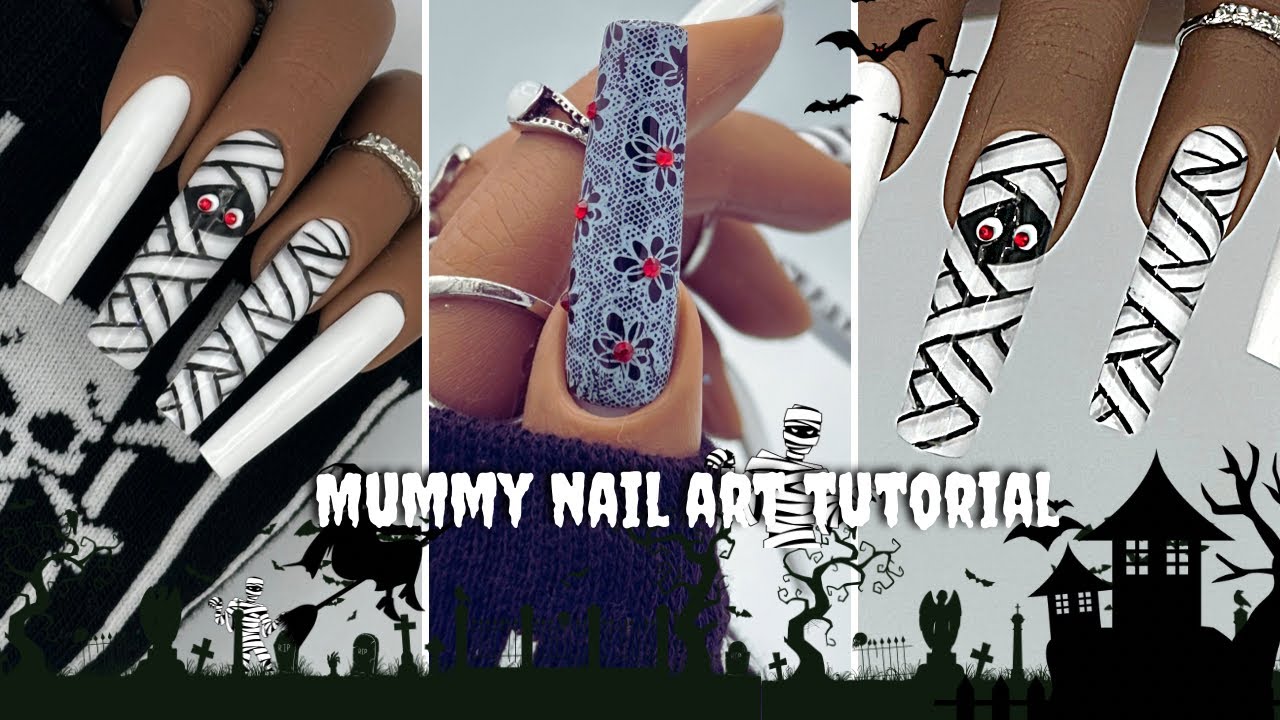 Mummy Nail Art Tutorial | Easy Beginner Friendly Halloween Nail Art | Press On Nails