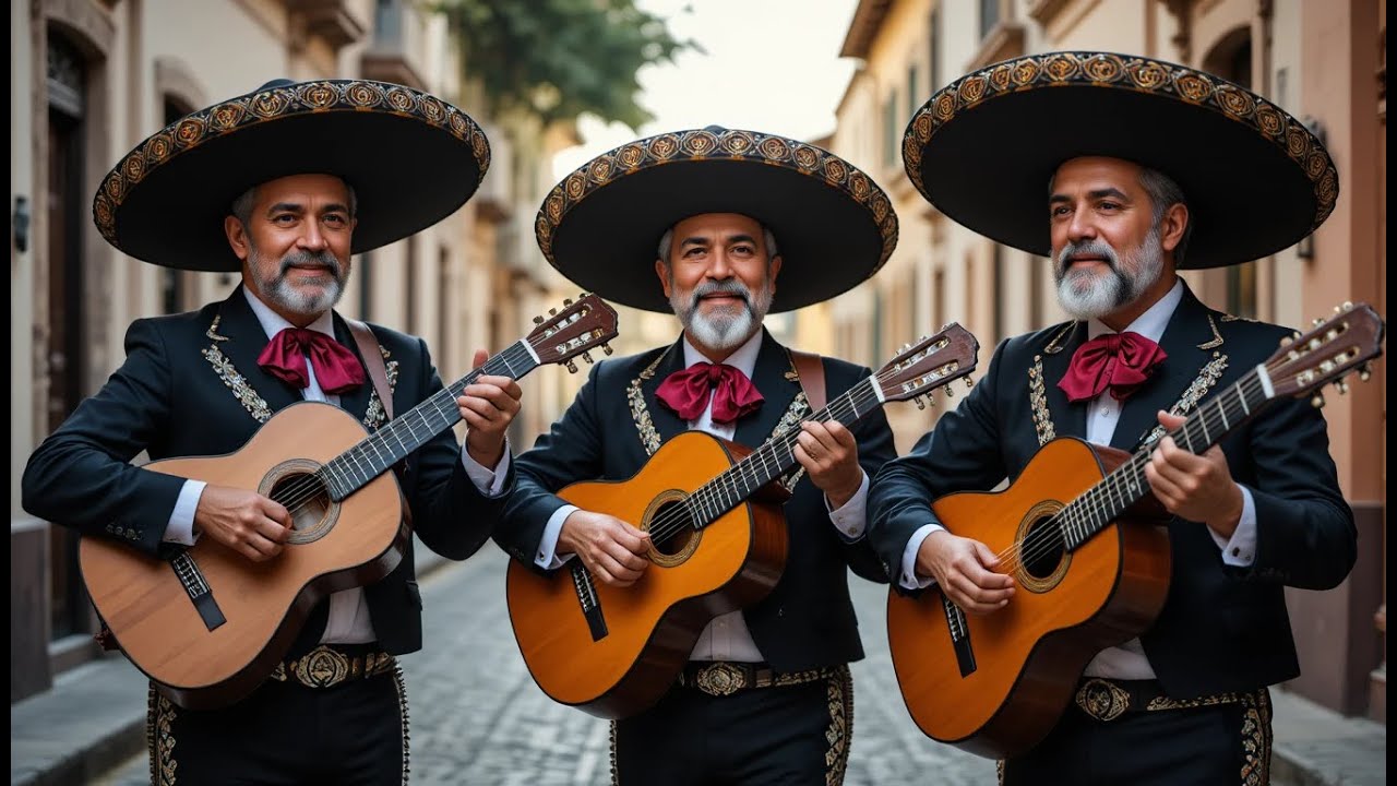 Tres Músicos Mariachi con Guitarras Interpretando Música Tradicional Mexicana en una Calle Histórica