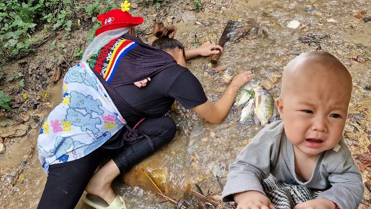Hai mẹ con đi bắt cá về nấu ăn - không may bị trượt chân ngã - may mắn chỉ bị thương nhẹ