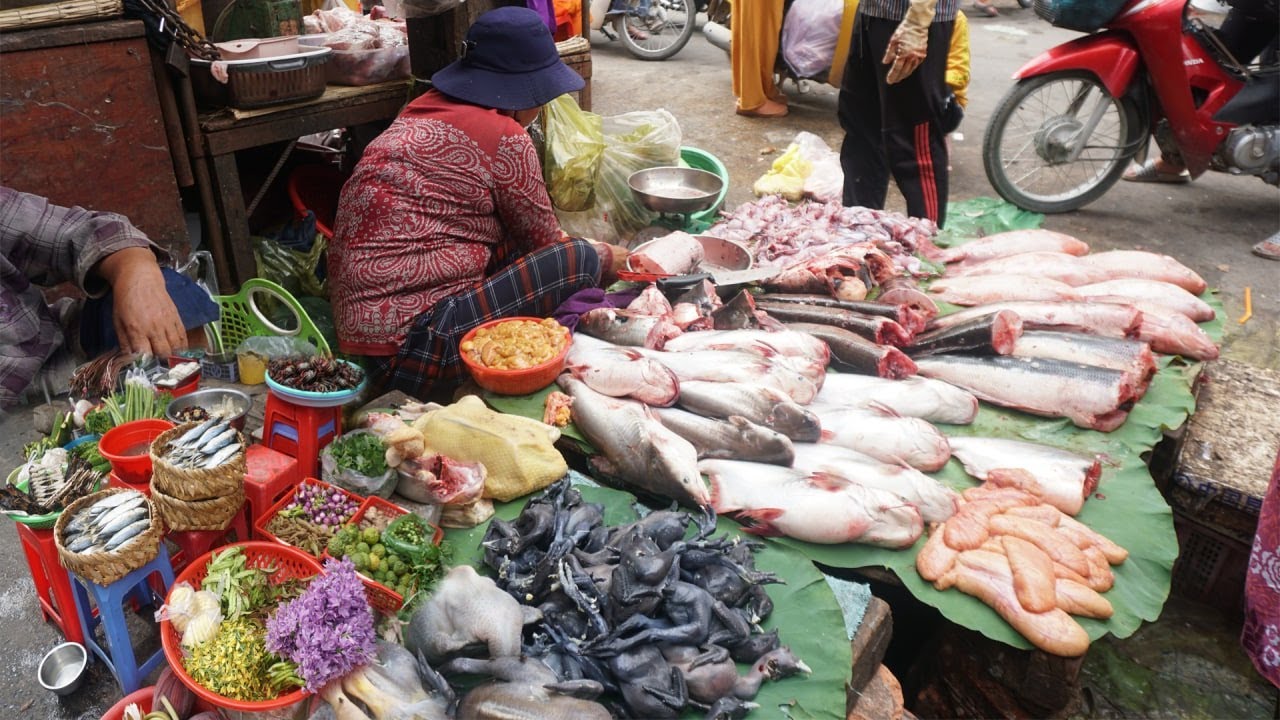 Fresh Cucumbers, Orange, Longan, Santol & More Food @Tuol Sangke Market - Morning Market Scene