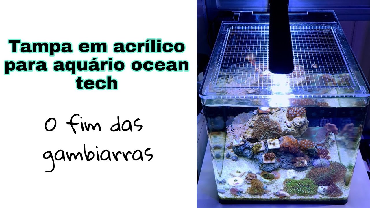 Tampa de acrílico com tela sob medida para aquário Ocean Tech.  Chega de gambiarras!
