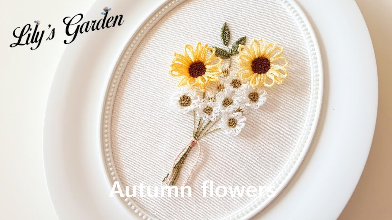 Eng sub 나홀로 프랑스자수 no. 66 가을꽃 2 Autumn flowers embroidery, 오픈 버튼홀 필링 스티치, 링 스티치 응용