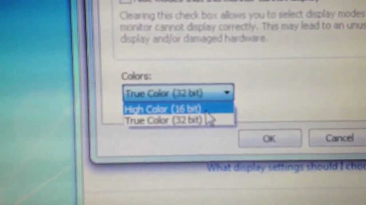 How to change 16 bit screen mode for Windows 7 HD