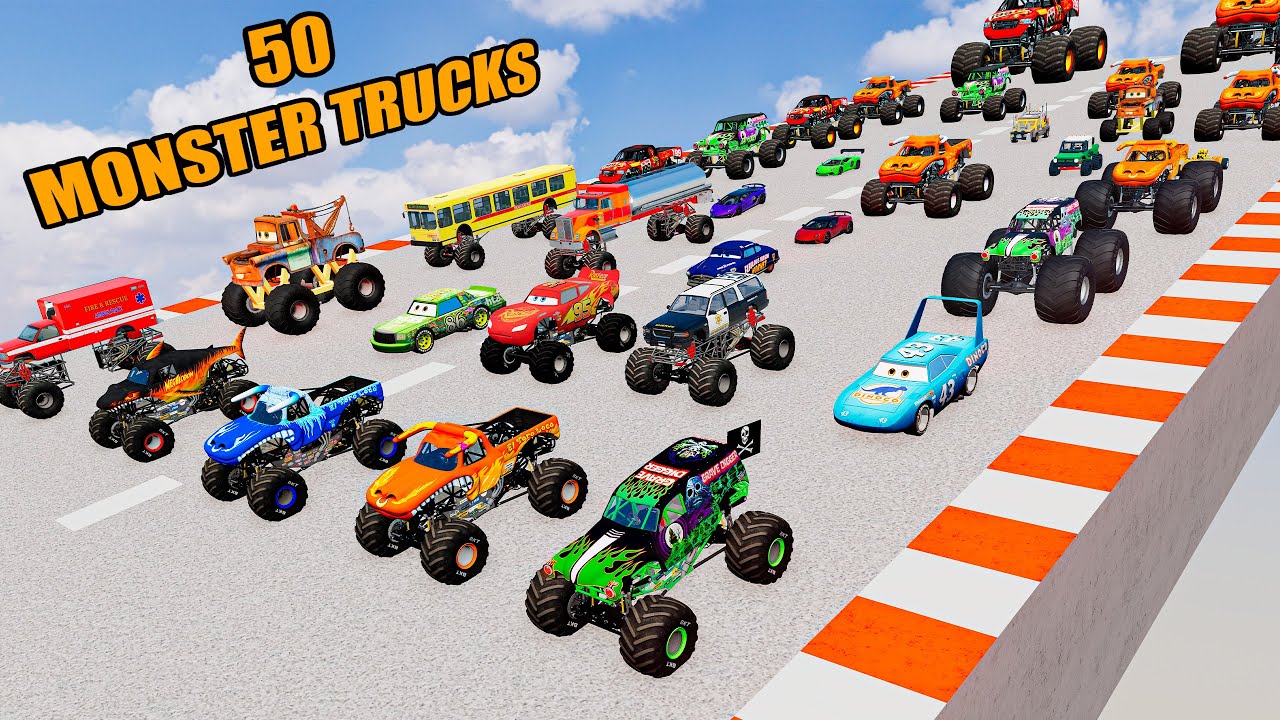 Downhill Race with 50 Monster Trucks - BeamNG Monster Truck Crashes