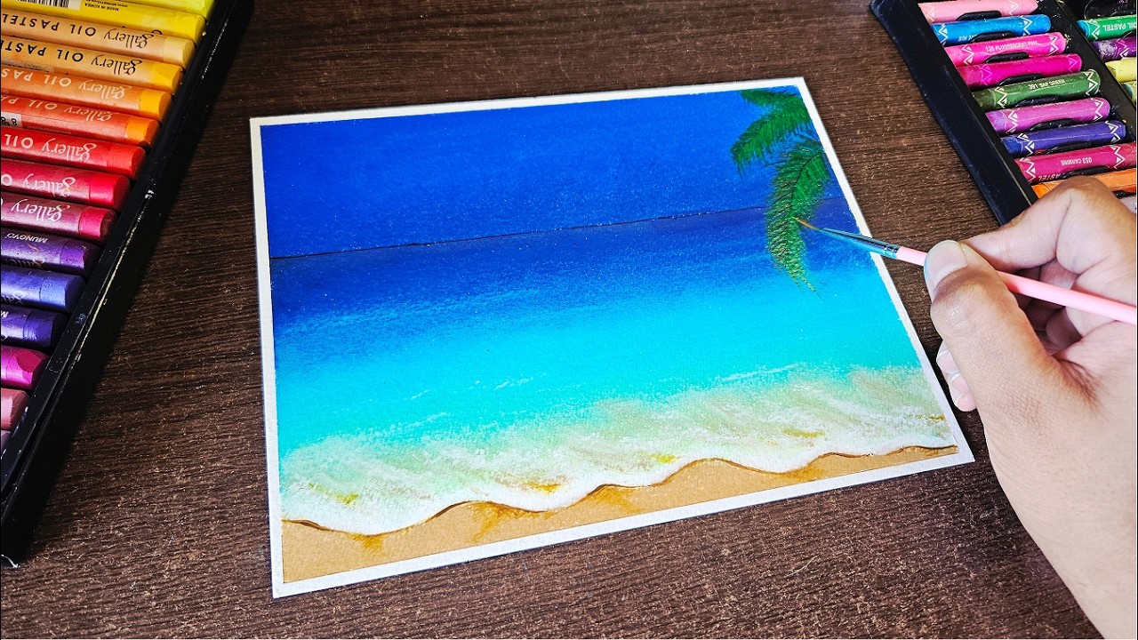 Easy Soft Pastel Seascape Painting Step by Step | Ocean Waves & Palm Tree Art