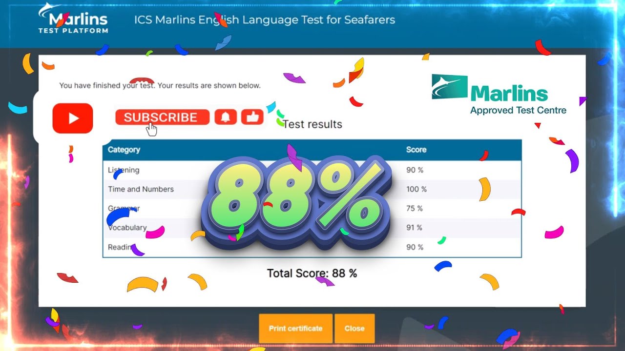 Результат теста Marlins для моряков: 88%