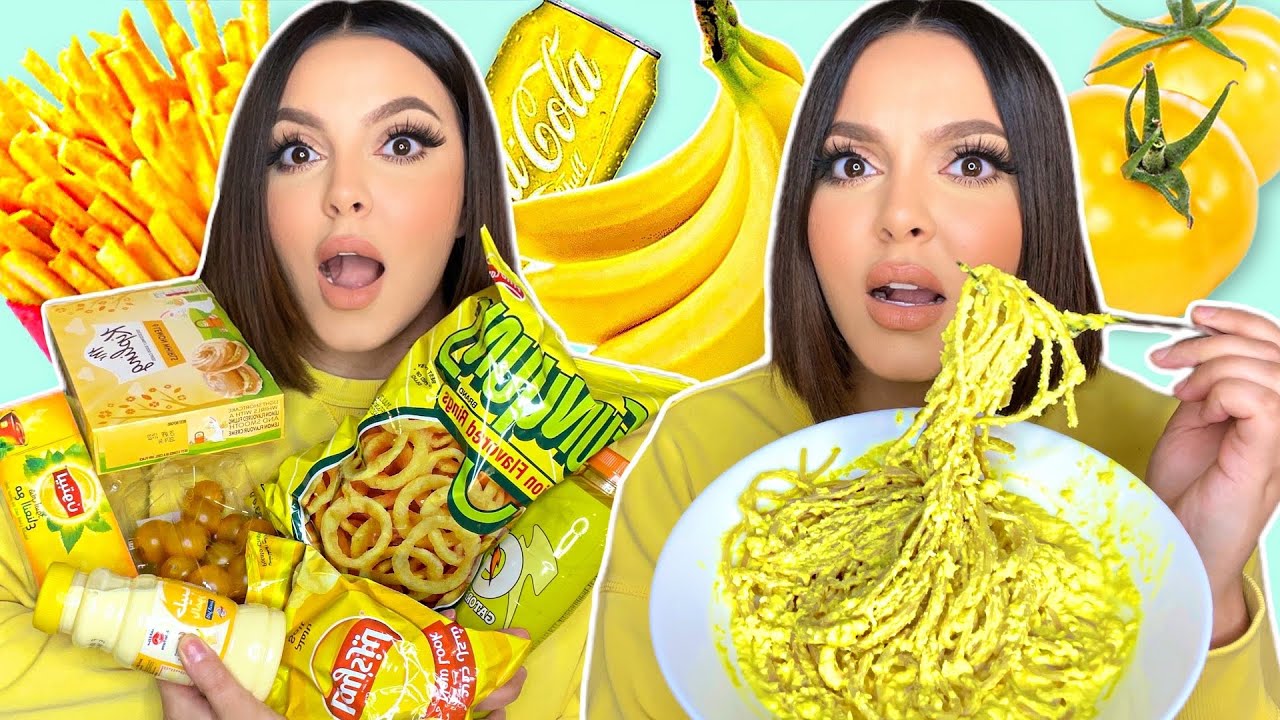 تحدي الأكل بلون واحد فقط لمدة يوم كامل!! فطور و سحور باللون الأصفر😱🍌