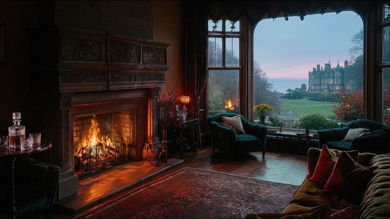 Cozy Scottish Castle Library Ambience: Crackling Fireplace & Rainy Dusk View (No Ads) 🏰🔥🌧️💤