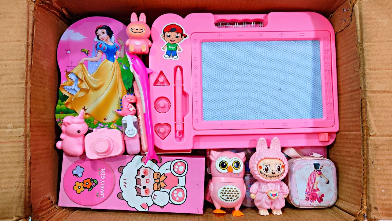 Unboxing Pink Stationery 📚, Pencil box, Piggy bank, Pouch, Eraser, Sketch board, Sharpener, Geometry