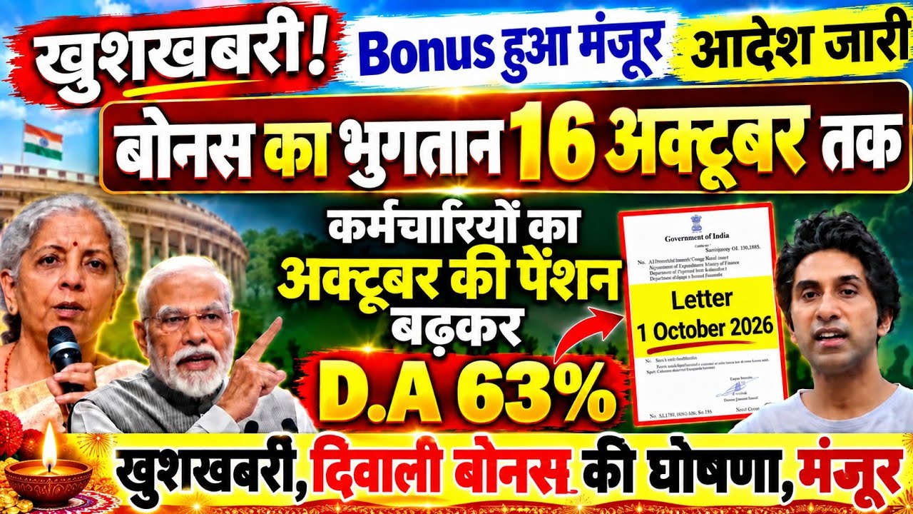 खुशखबरी, कर्मचारियों का Bonus हुआ मंजूर, आदेश जारी, 16 अक्टूबर तक भुगतान खाते में, पेंशन बढ़कर DA 63