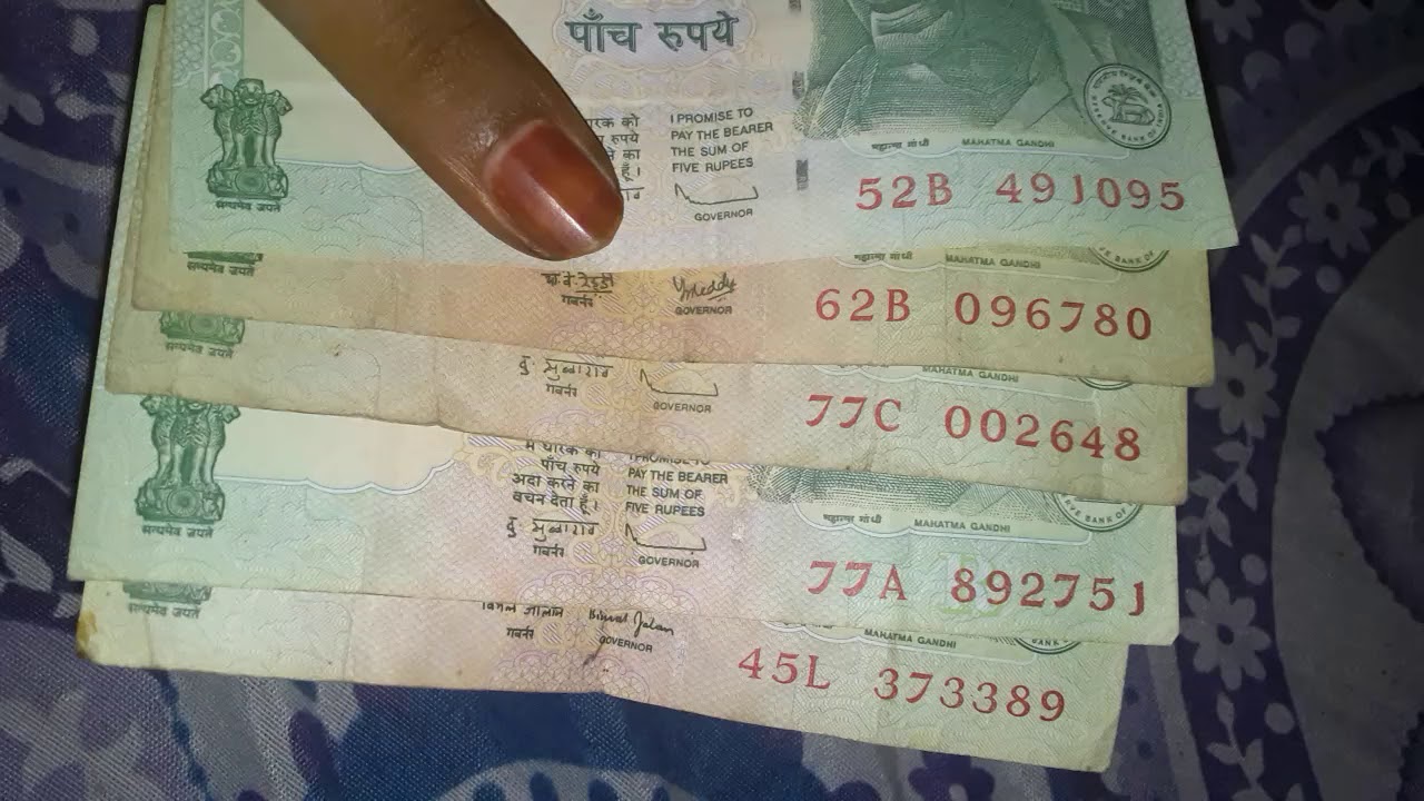 5 rupees notes with serial number and governor sign.