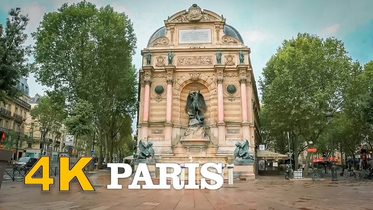 Place Saint-Michel and Back streets of 6th arrondissement - Walking in Paris 4K