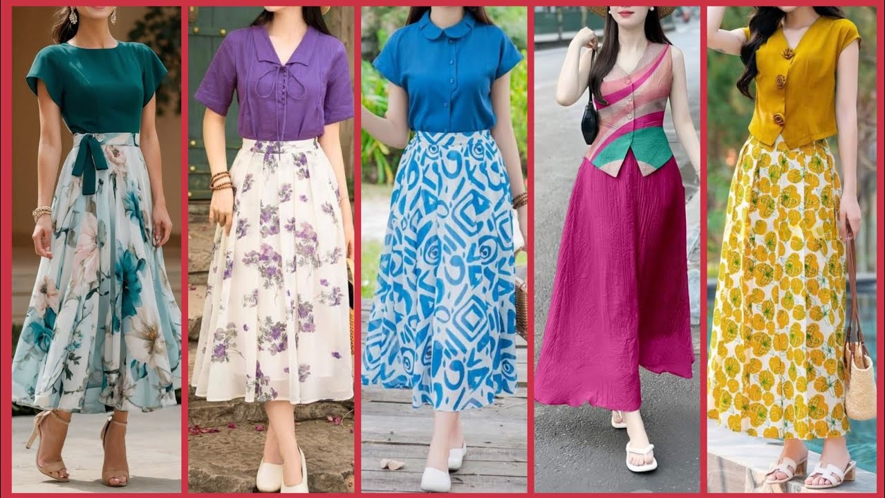 New Women's Casual Wear Two Piece Printed With Plain Combination Skirts Outfit