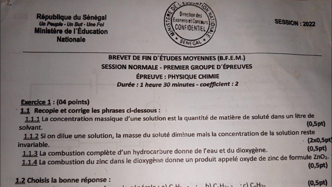 Phase 4: Prépa BFEM 2025/ Correction PC BFEM 2022.