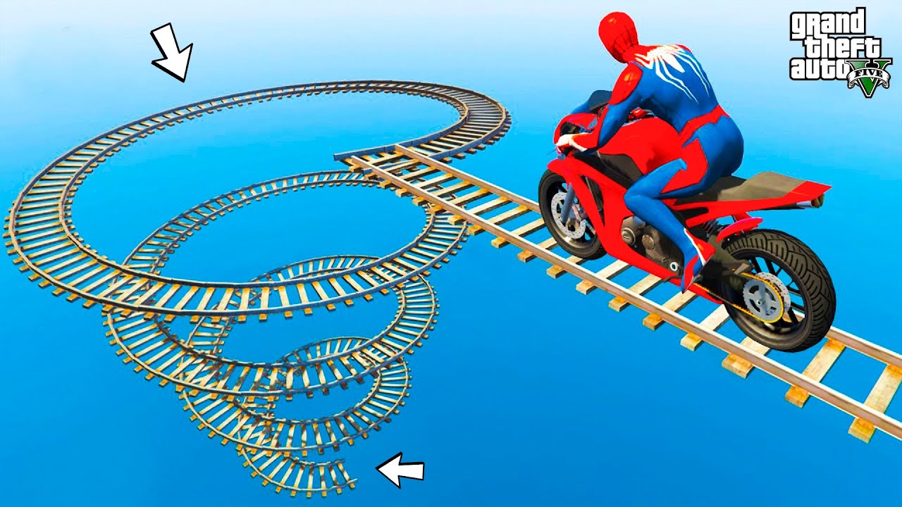 الأبطال الخارقين على القضبان دوامة قمع جسر 🎯🏍️ VERSICOLOR SPIDER MAN! on Motorcycle in Spiral Bri