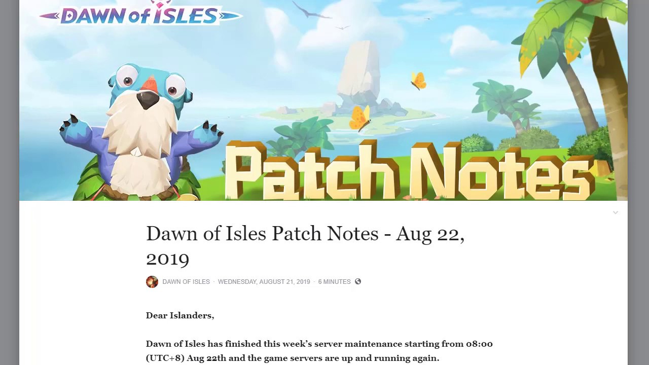 Dawn of Isles Patch Notes - Aug 22, 2019