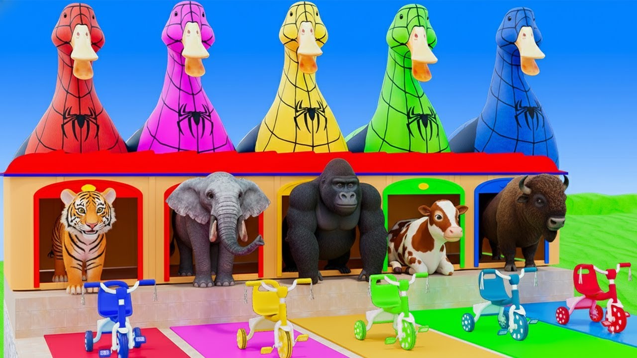 Long Slide Game With Cow Elephant Gorilla Hippopotamus Tiger - 3d Animal Game - Funny 3d Animals