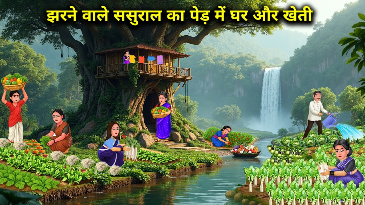 झरने वाले ससुराल में पेड़ घर और खेती || Tree house and farming in-laws' house with waterfall ||