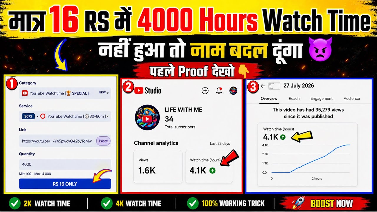बिल्कुल ₹ 16-/ में 4000 Watch Time | 4000 Hours Watchtime Kaise Badhaye | Watchtime Kaise Badhaye