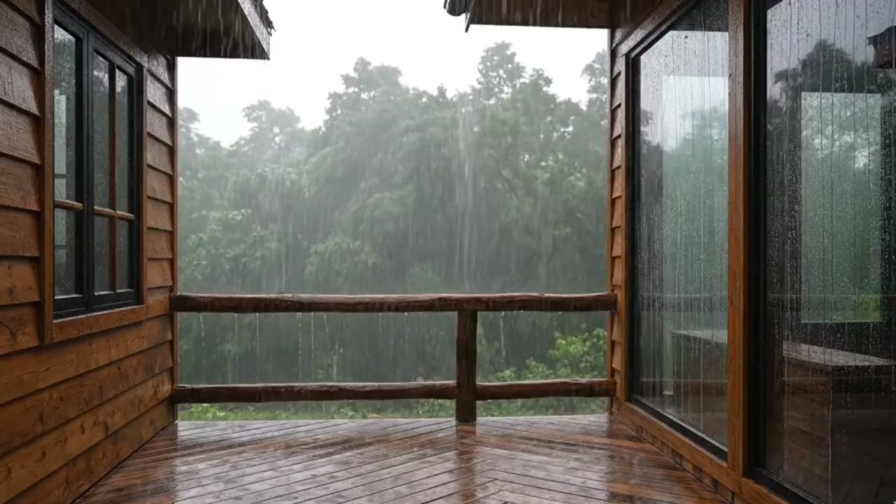 Rain from a Wooden Cabin Walkway Looking into the Forest — Deep Relaxing Ambience (8 Hours)